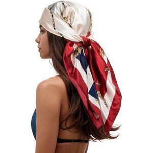 Women's Red/Ivory Head Scarf Like Silk Printed Square Hair Bandanas 35 Inches